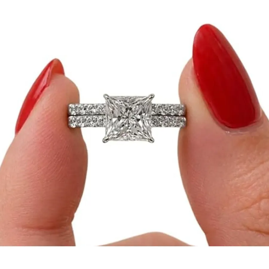 1 Ct Princess Cut Diamond Art Deco Half Eternity Bridal Engagement Rings Set For Women 14K White Gold Plated Modern Wedding Stacking Bands 925 Sterling Silver Handmade Anniversary Jewelry