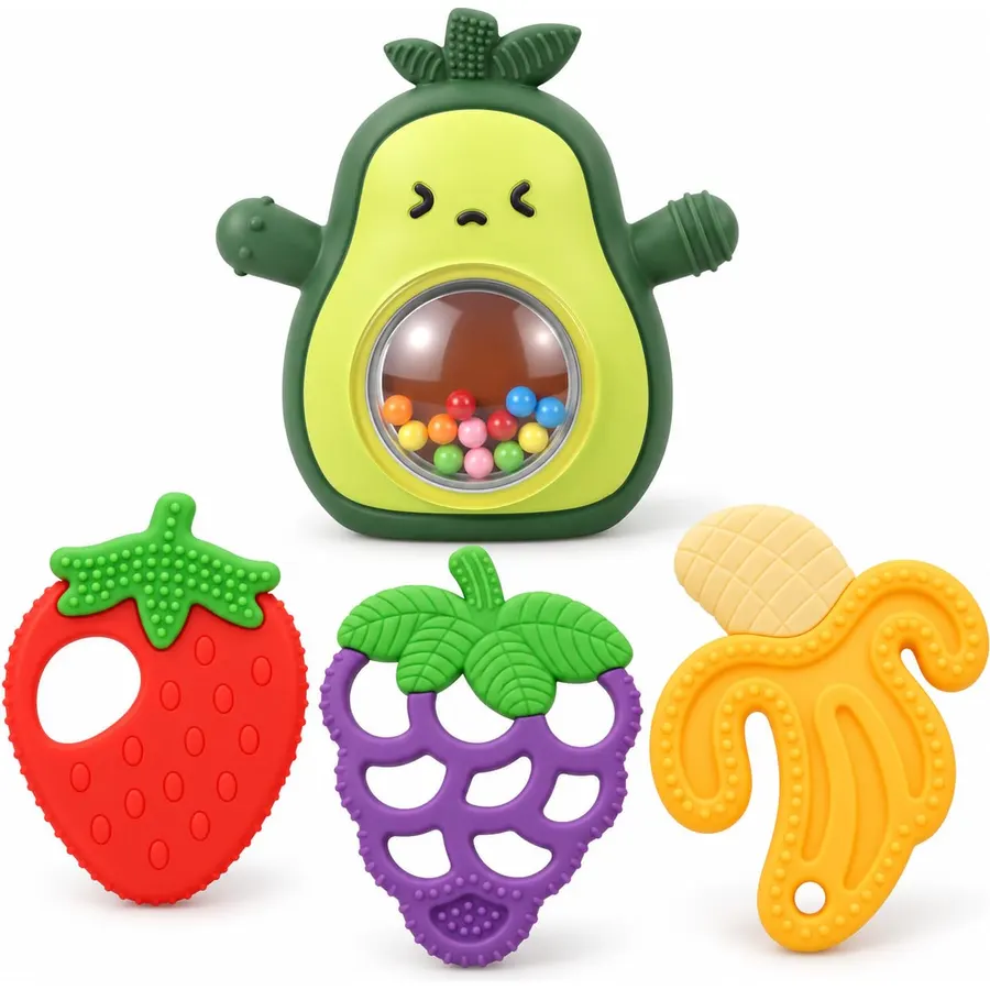 1 Fruit-Shaped Teether Set + 1 Avocado Rattle Teething Mitten