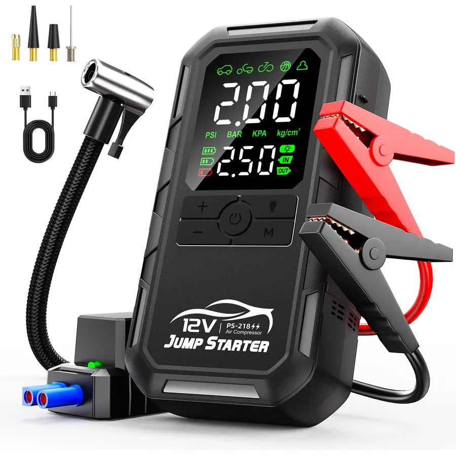 10-in-1 Car Battery Jump Starter with Air Compressor 8000A 160PSI Portable Car Jumper Starter (All Gas 12L Diesel), 12V Jump Box Car Battery Jump Starter Portable Jumper Cables, Lights (8000A)