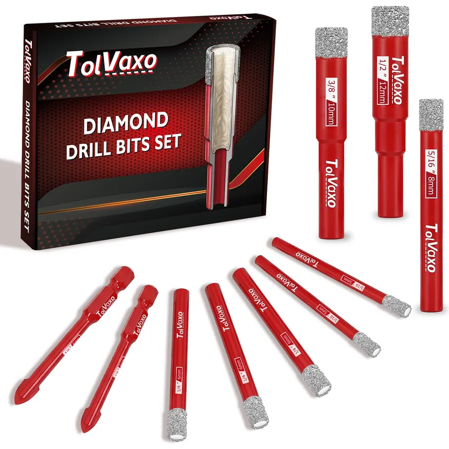 10Pcs Dry Diamond Drill Bit Set, Tile Drill Bit for Ceramic, Glass, Porcelain, Marble & Granite - 3/16"(x2), 1/4" (x3), 5/16", 3/8", 1/2" with Cooling Wax & 1/4" Masonry Bit(x2)