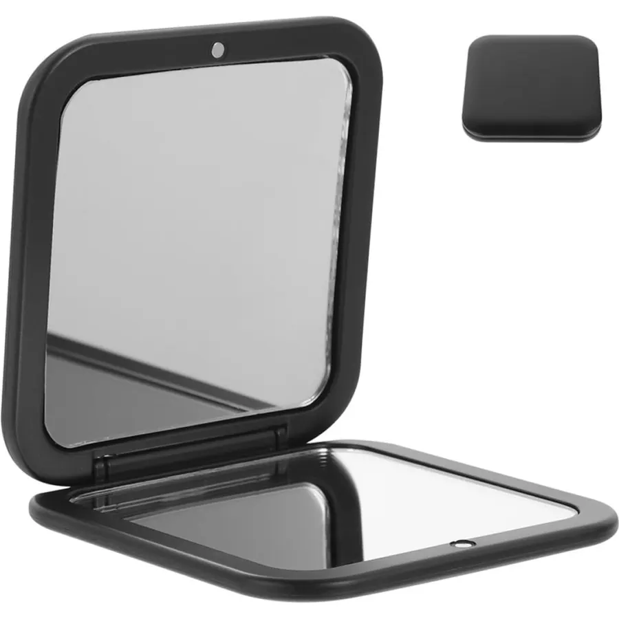 10x Folding Compact Makeup Mirror, Black Glass Travel Purse for Women