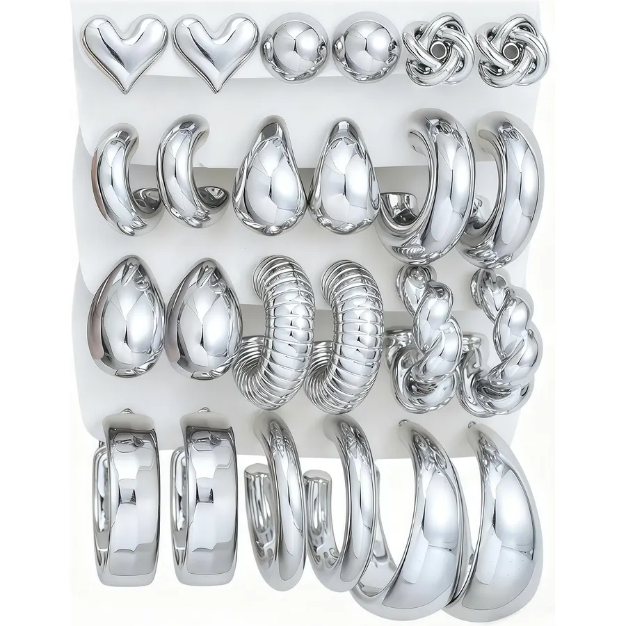 12 Pairs Chunky Silver Hoop Earrings for Women Trendy, Silver Plated Lightweight Thick Open Twisted Stack, Non Tarnish Huggie Hoops Earring Set