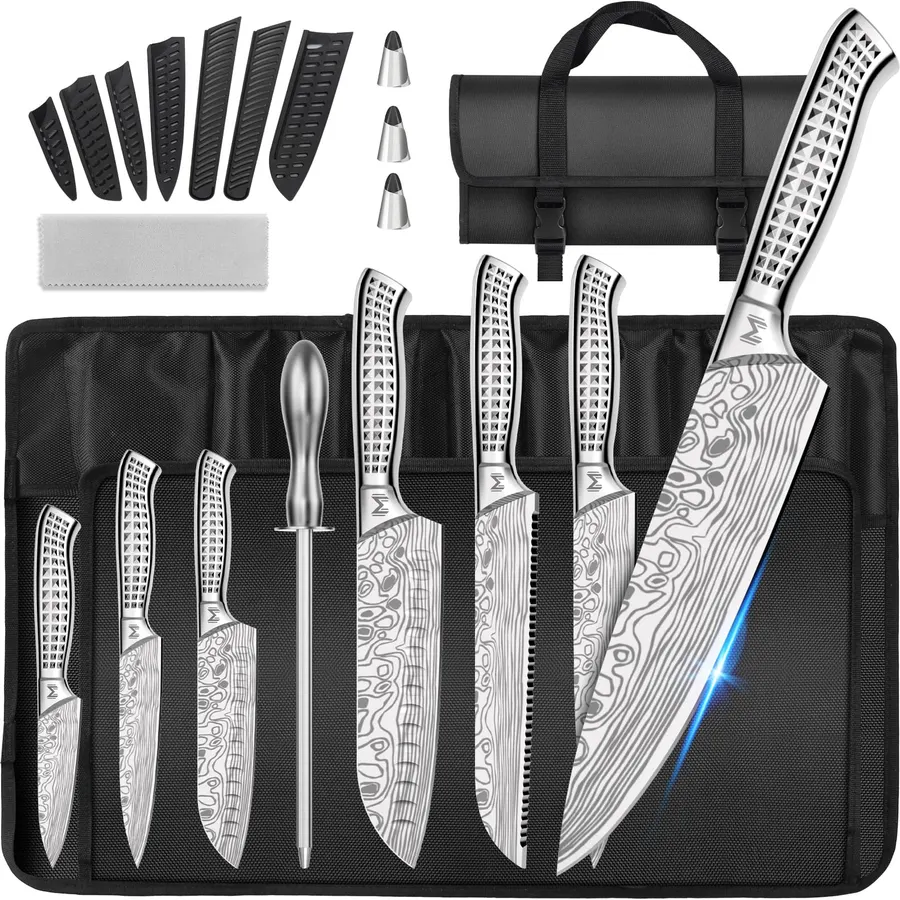 12PCS Portable Kitchen Knife Set, High Carbon Stainless Steel Professional Chef Knife Set with Sharpener & Oxford Roll Bag, Suitable for Home, Outdoor Travel, Camping and BBQ