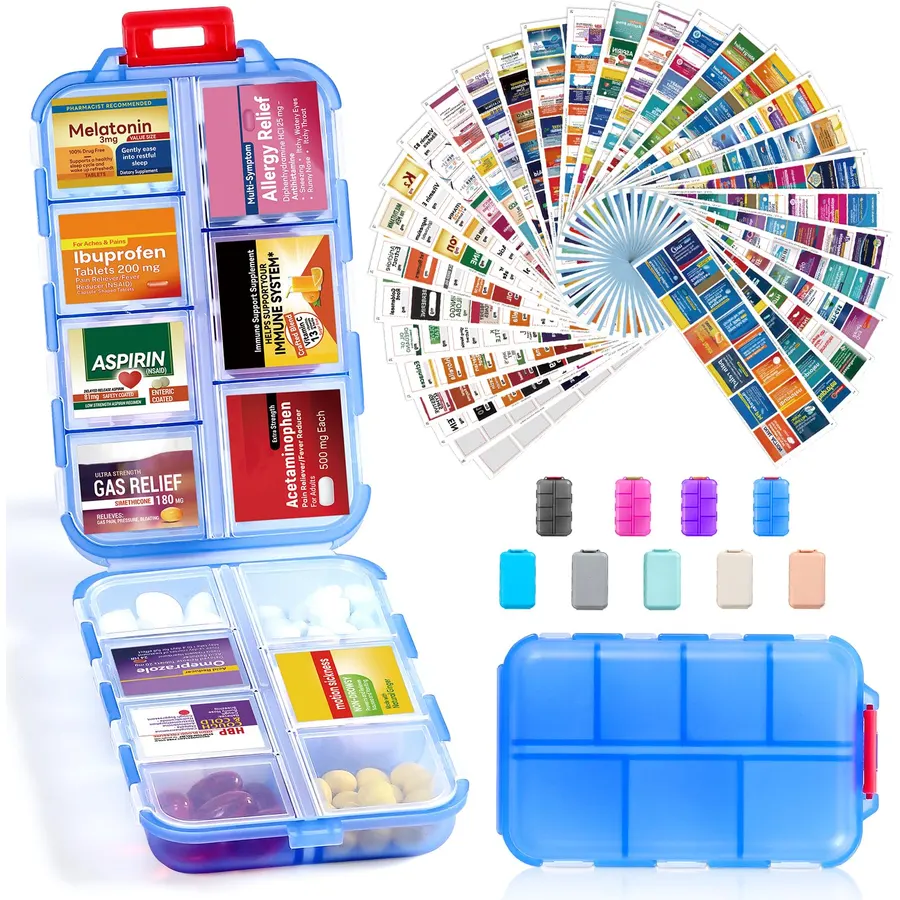 14 Grids Travel Pill Organizer Box with 415-Pcs Medicine Name Labels - Pocket Daily Pharmacy Case Container Kit - Travel Medication Holder Dispenser for Fish Oil Vitamin Supplement Storage -Clear Blue