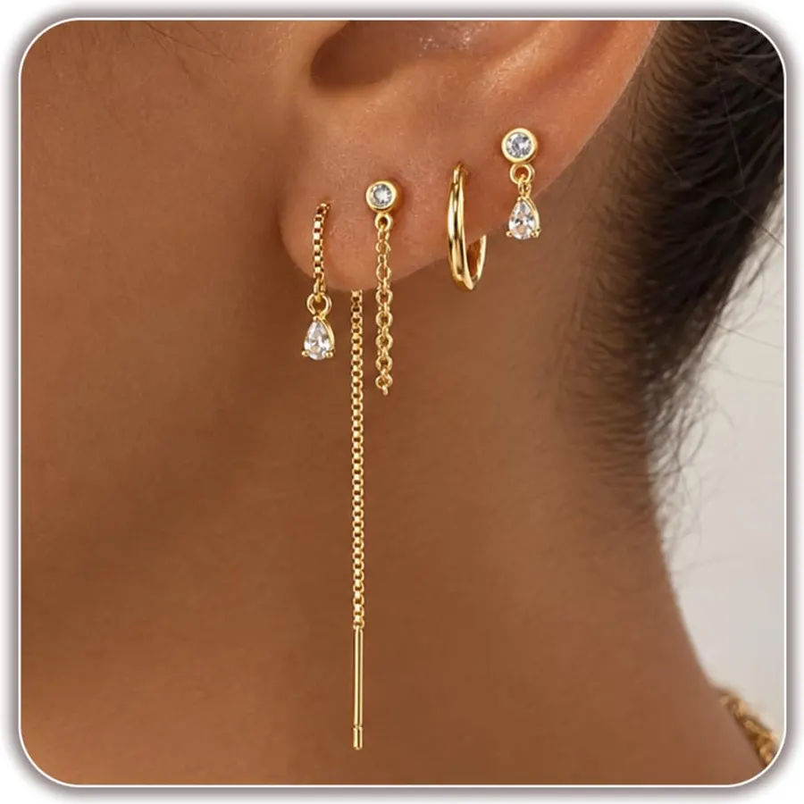 14K Gold Plated Threader Earrings for Women, Dainty CZ Drop Earrings, Trendy Small Long Dangle Jewelry, Silver Plated Cubic Zirconia Cute Earring Hoop Valentine Gifts