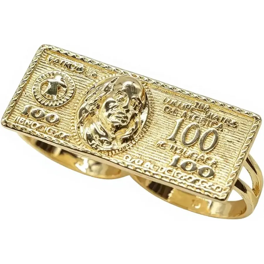 14K Golden Plated Men's Nugget Dollar Sign Ring, Hip Hop Statement Money Two Finger Ring for Men, Bold Textured Nugget Design Pinky Ring, Jewelry Gift for Him