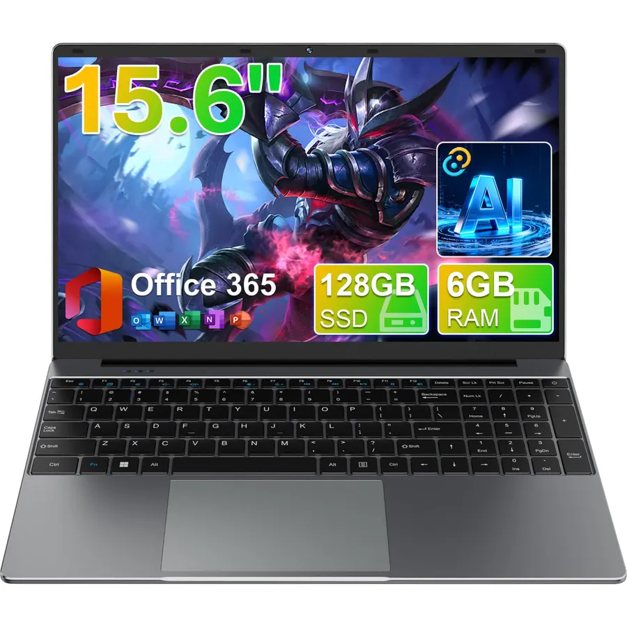 15.6" Laptop Computer with AI Assistant, Office 365, 180° Rotating