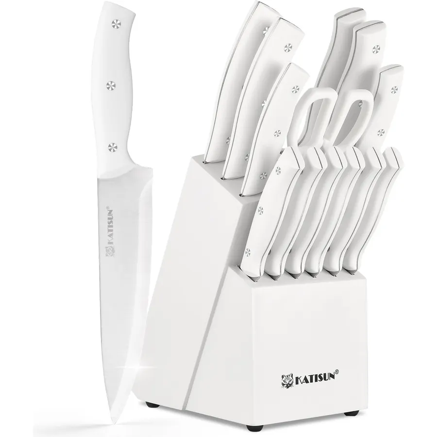 15-Piece White Kitchen Knife Set with Built-in Sharpening Stone, Ergonomic Triple Rivet Fixed Handles, Dishwasher Safe TT
