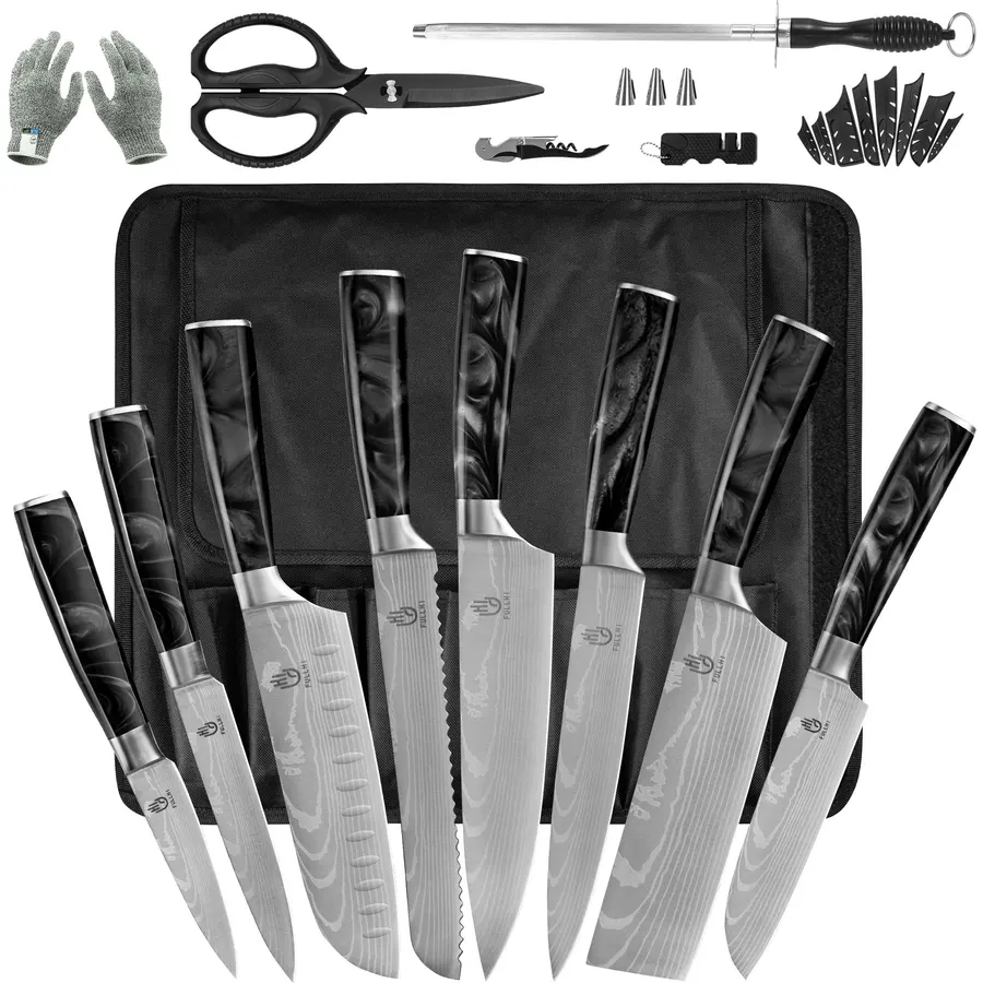 15pcs Japanese Chef Knife Set with Roll Bag Kitchen Shears Resin Handle