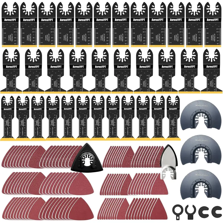 161Pcs Oscillating Saw Blades Kit, Bi-Metal & Titanium Blades with Sandpaper, Quick Release Compatible with Most Major Brands for Wood, Metal & Plastic