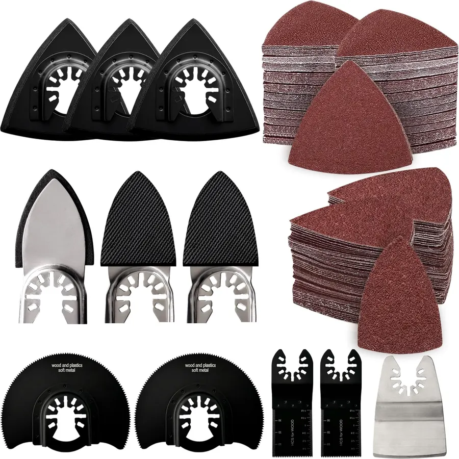 161Pcs Oscillating Tool Sanding Pad Kit, Includes 3Pcs Triangle Sanding Pads, 3Pcs Finger Sanding Pad, 150Pcs Sandpaper and 5 Saw Blades, for Wood Polish Sanding, & Other Surfaces