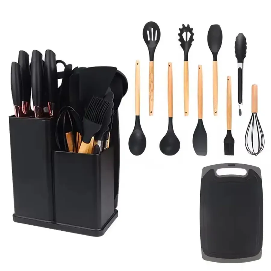 19-Piece Kitchen Utensil & Knife Block Set: 12 Non-Stick, Heat-Resistant Silicone Cooking Utensils (Spatula, Tongs, Ladle, Scissors) + 5 Sharp Kitchen Knives & Cutting Board (White)