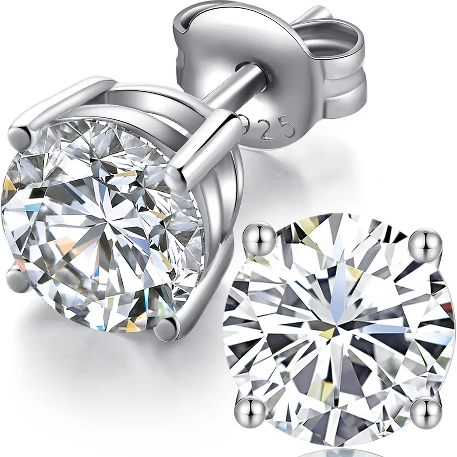 18K White Gold Plated Sparkling Simulated Diamond Studs Earrings s925 Sterling Silver Hypoallergenic Earring for Women Men 4mm-8mm