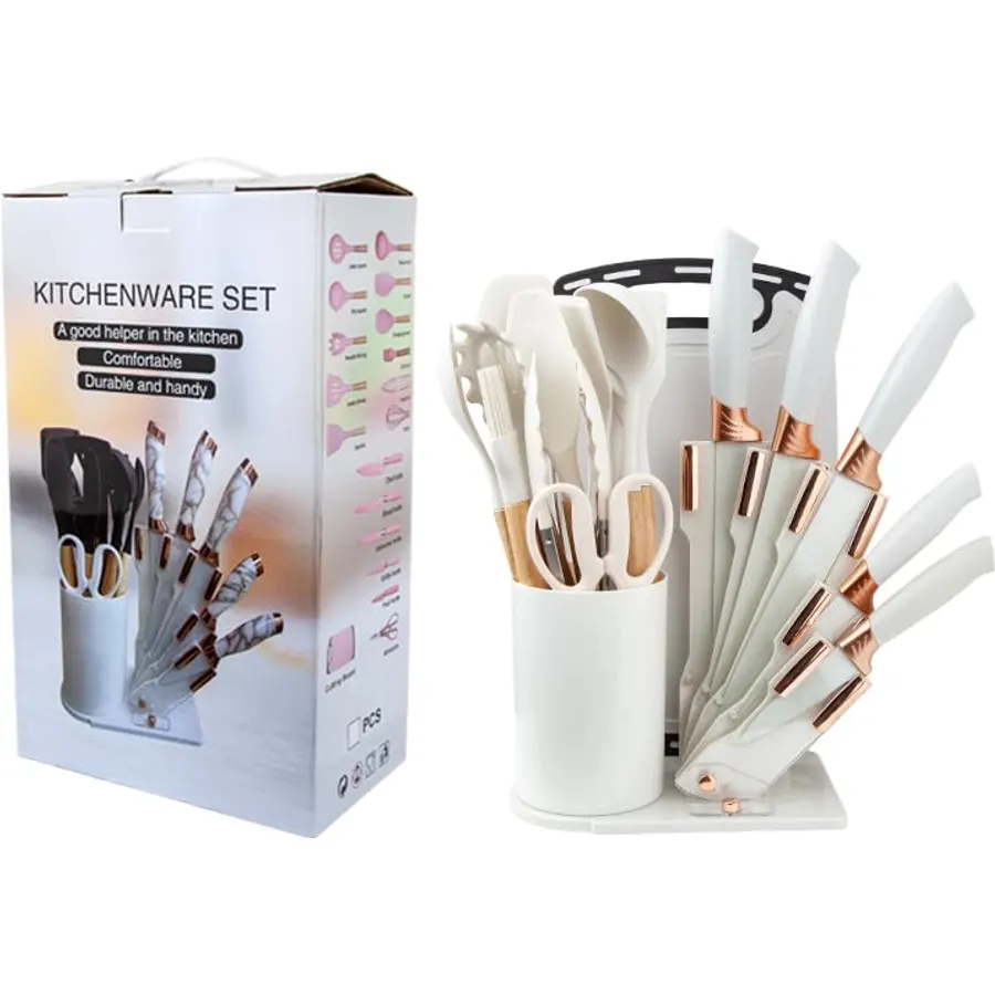 19 Pieces Non-stick Cookware Accessories Wooden Handle Chef's Knives Silicone Kitchen Utensils Kitchenware Set（white）