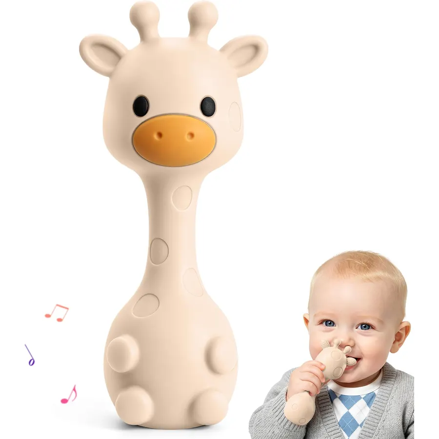 2-in-1 Baby Teething Rattle Toys 3-12 Months, BPA Free Silicone Teether Toy