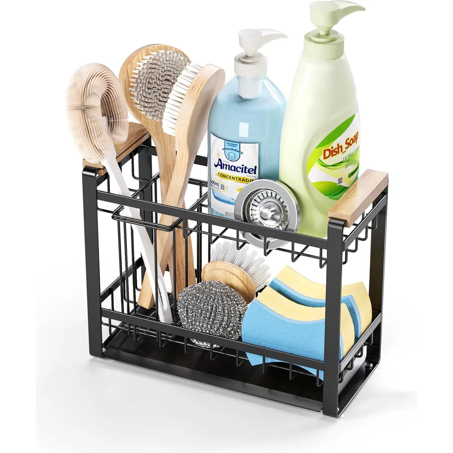 2-Tier Sink Caddy Organizer with Wooden Handle and Non-Slip Suction Cups