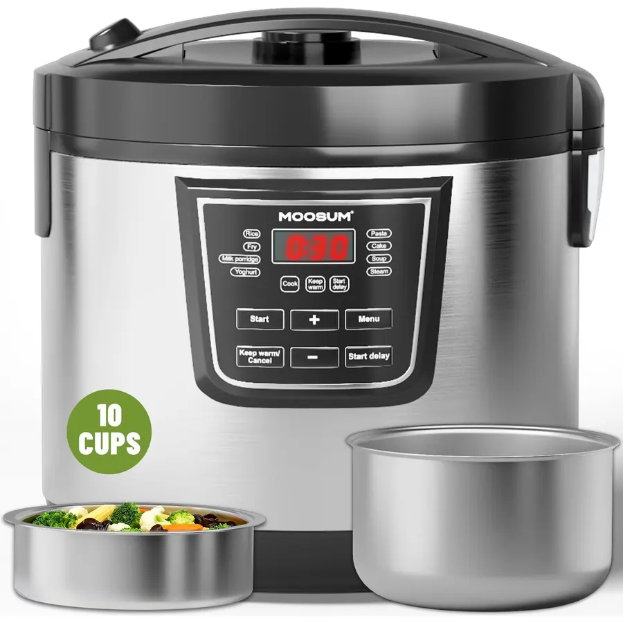 20 Cup Cooked (10 cup uncooked) Rice Cooker with 8 Functions, Healthy Cooking Stainless Steel Pot & Steamer, Removable Inner Cover, Stainless Steel Silver