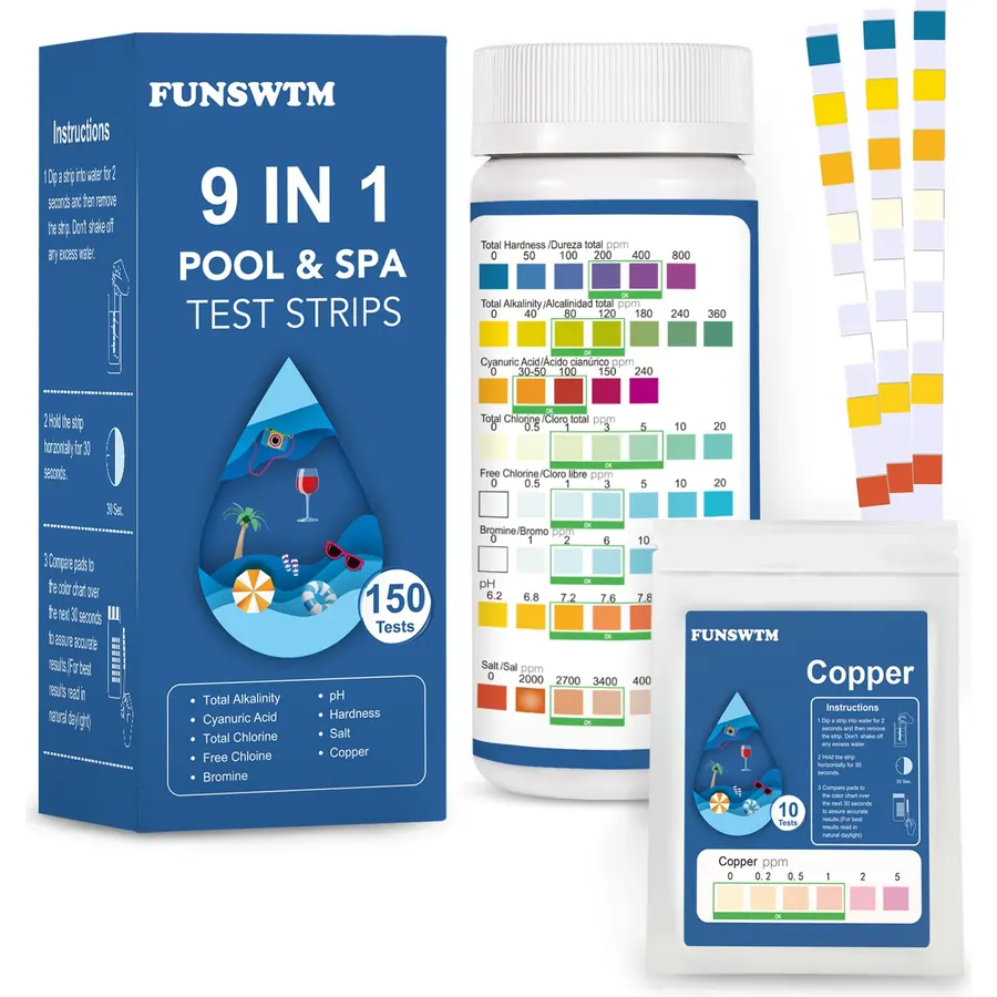 8-in-1 Pool Salt Test Strips, 150 Count Saltwater Pool Testing Kit with Extra-Long Easy-Hold Strips, Pool Water Tester for Salt, Chlorine, pH, Alkalinity, Hardness & CYA, Saltwater Pools & Hot Tubs