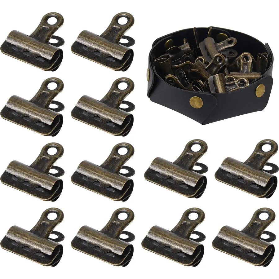 24 Pack Vintage Bulldog Clips with Black Leather Tray, Antique Bronze