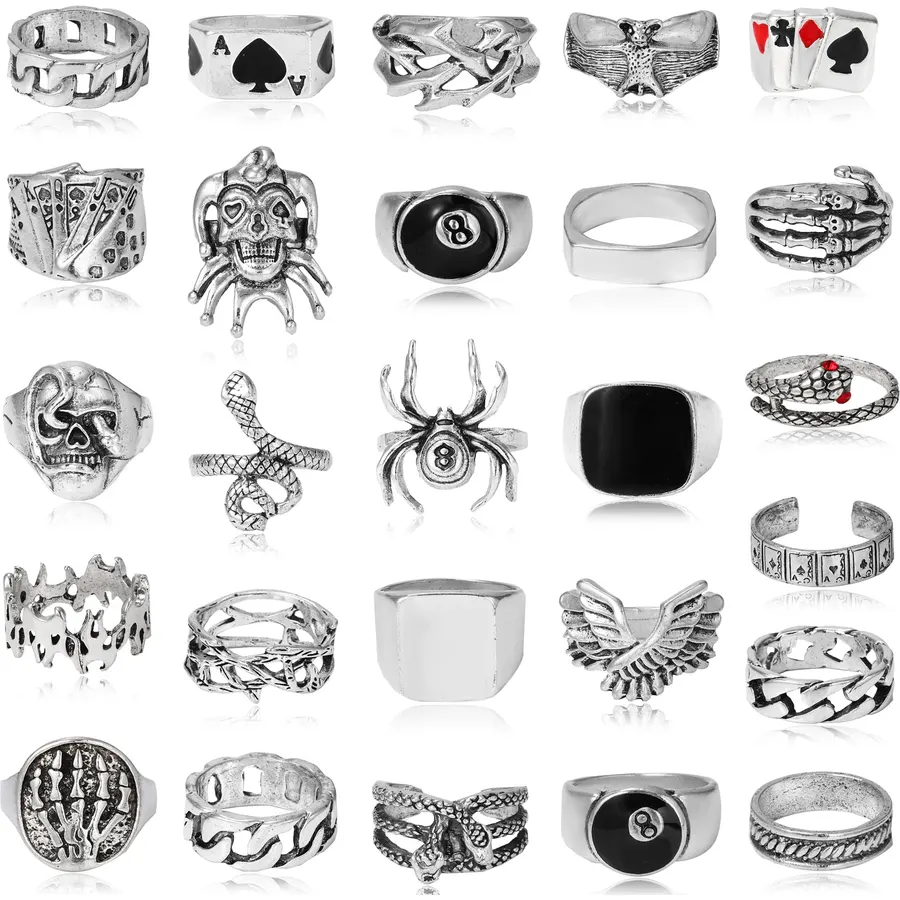 26 Pcs Vintage Silver Punk Rings Set for Men Cool Gothic Chunky Rings Statement Snake Wing Signet Ring Set