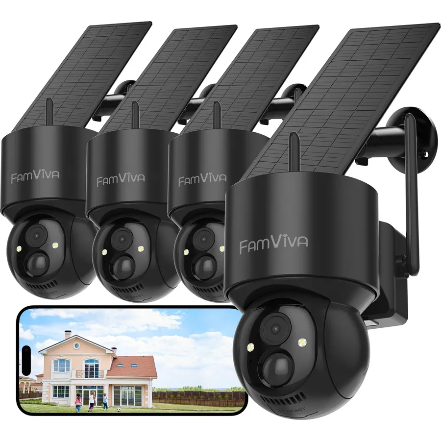2K Solar Security Cameras Wireless Outdoor, 360°PTZ Battery Powered Cameras for Home Security, 2.4G WiFi Outdoor Camera with Color Night Vision, IP66 Waterproof, Motion Sensor Alarm, Black-4P