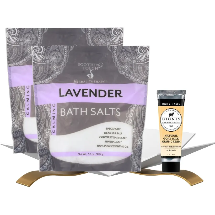 2X Soothing Touch Bath Salt Lavender (32 OZ.) Bundle with Hand Cream – Lavender Bath Salt for Relaxing Soaks and Simple Post-Bath Skin Care — Gift Set (3 Items)