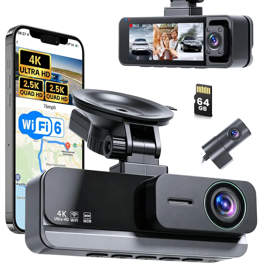 3.39" 4K Car Dash Cam for Car Front and Rear 3 Channels, GPS, 5.8Ghz WiFi