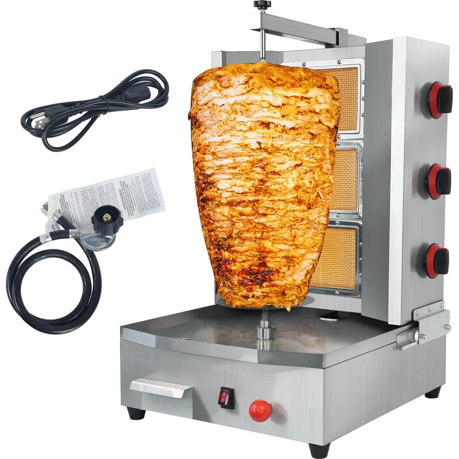 Shawarma Machine 3 Burners Shawarma Grill Machine Propane Doner Kebab Machine with Vertical Rotisserie Meat Catcher for Kitchen
