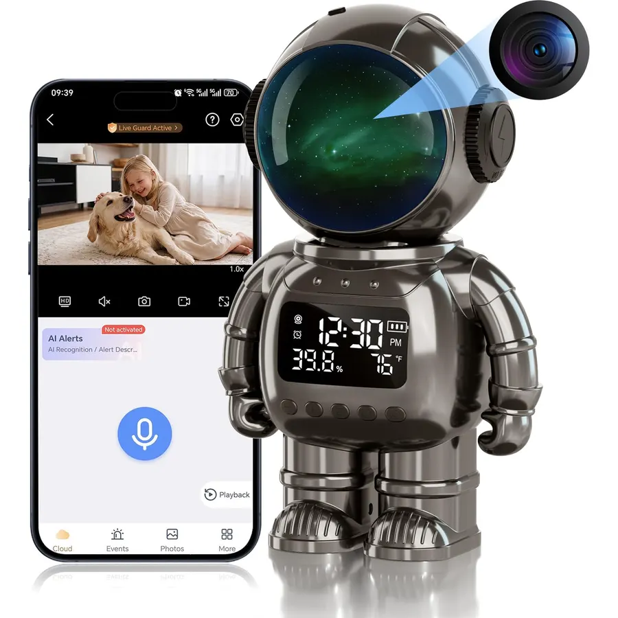 3-in-1 2K Robot Clock Camera, Supporting 5G and 2.4G Dual-Band Wi-Fi Bluetooth, Indoor Security Monitoring, Color Night Vision, Human Motion Detection, Long Battery Life (Grey)