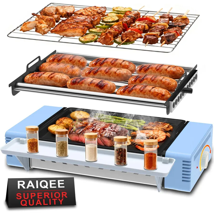 3-in-1 Electric Grill with Hot Dog Roller, Portable Indoor Outdoor BBQ Grill, Griddle and Sausage Roller Machine with Removable Non-Stick Plate & Drip Tray, for Tailgate, Camping, RV, Home Kitchen