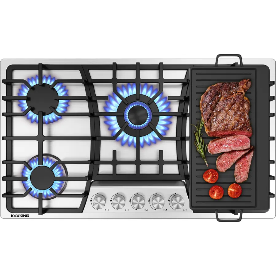 36 Inch Gas Cooktop with Reversible Griddle, 5 Burners, Natural Gas/Propane