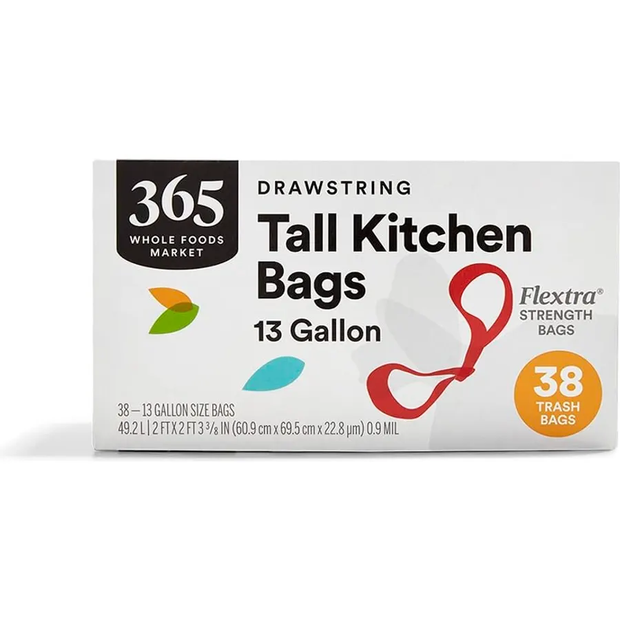 365 by Whole Foods Market, Flextra Strength Drawstring Tall Kitchen Trash Bags, 13 Gallon, 60 Count