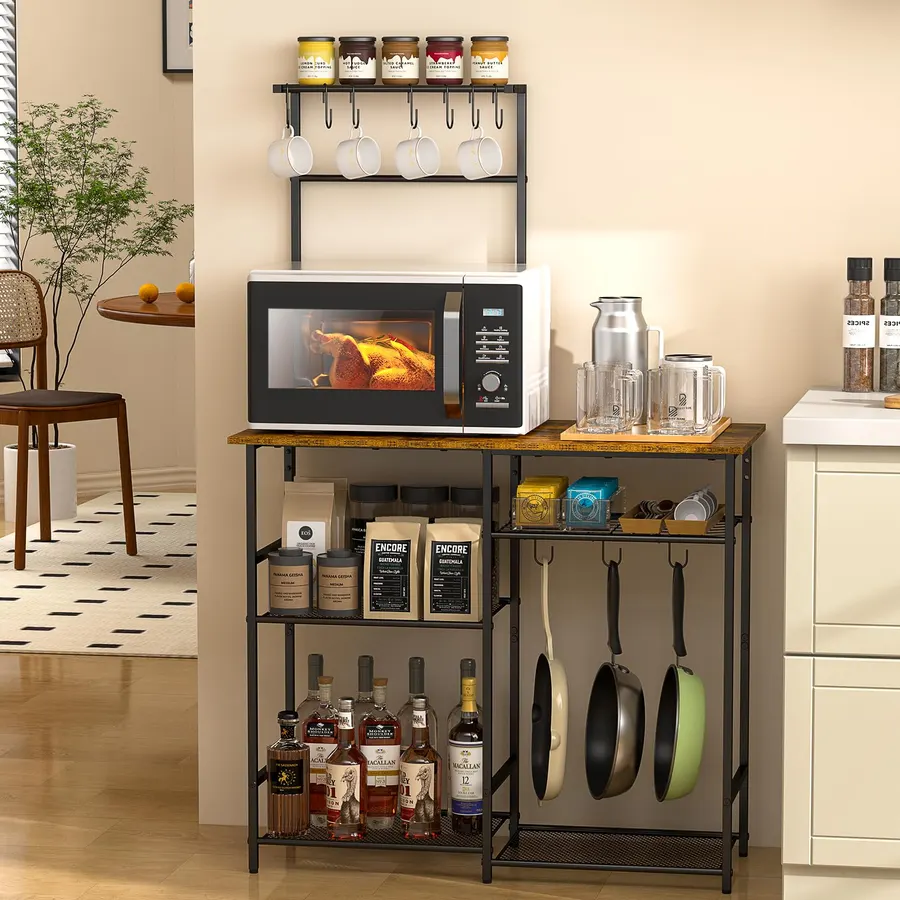 3IngSeagulls Baker's Rack for Kitchen with Storage, Microwave Stand with Adjustable Shelves and 10 S Hooks, 6-Tier Coffee Bar Station, Kitchen Shelves for Spices, Pots, Rustic Brown