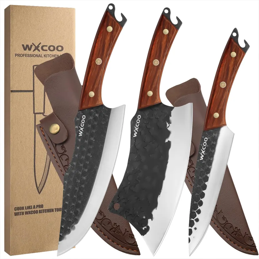 3PCS Kitchen Knife Kitchen High Carbon Steel Hand Forged Chef Knife Meat Cleaver Utility Knife Set Hammered Texture Ergonomic Handle Bottle Opener Premium Sheath - Black 8inch
