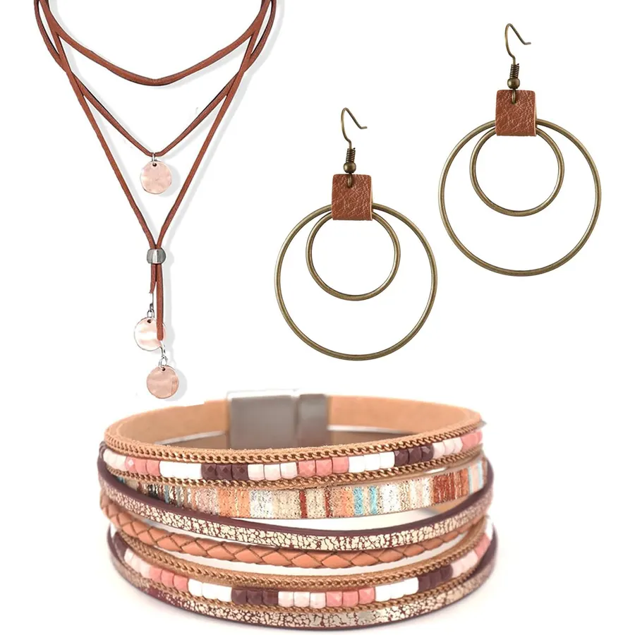 3PCS Western Jewelry for Women Bohemian Set,Boho Vintage Layered Necklace Dangle Drop Earrings Faux Leather Bracelet