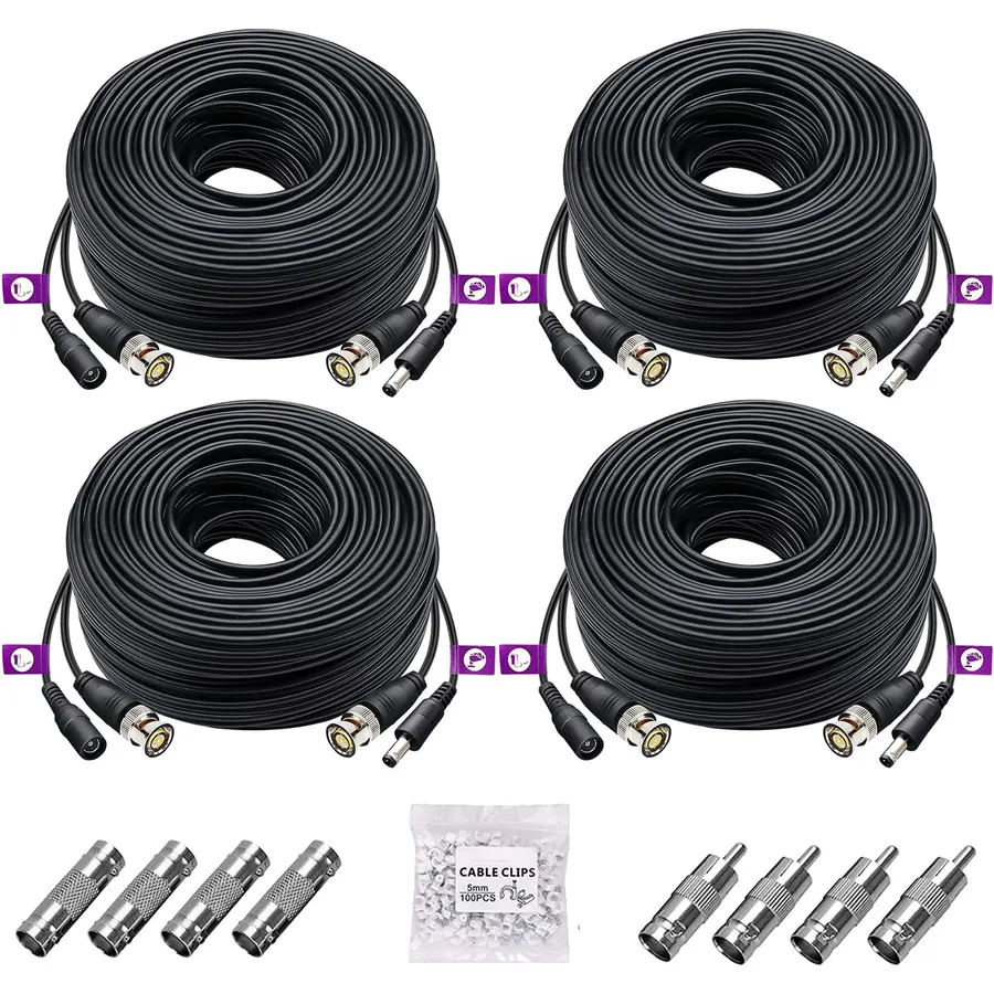 4 Pack 100Ft/30M 4K 8MP 5MP All-in-One BNC Video Power Cable, BNC Extension Surveillance Camera Wires for CCTV Camera DVR Systems (8pcs Connectors, 100pcs Cable Clips Included)