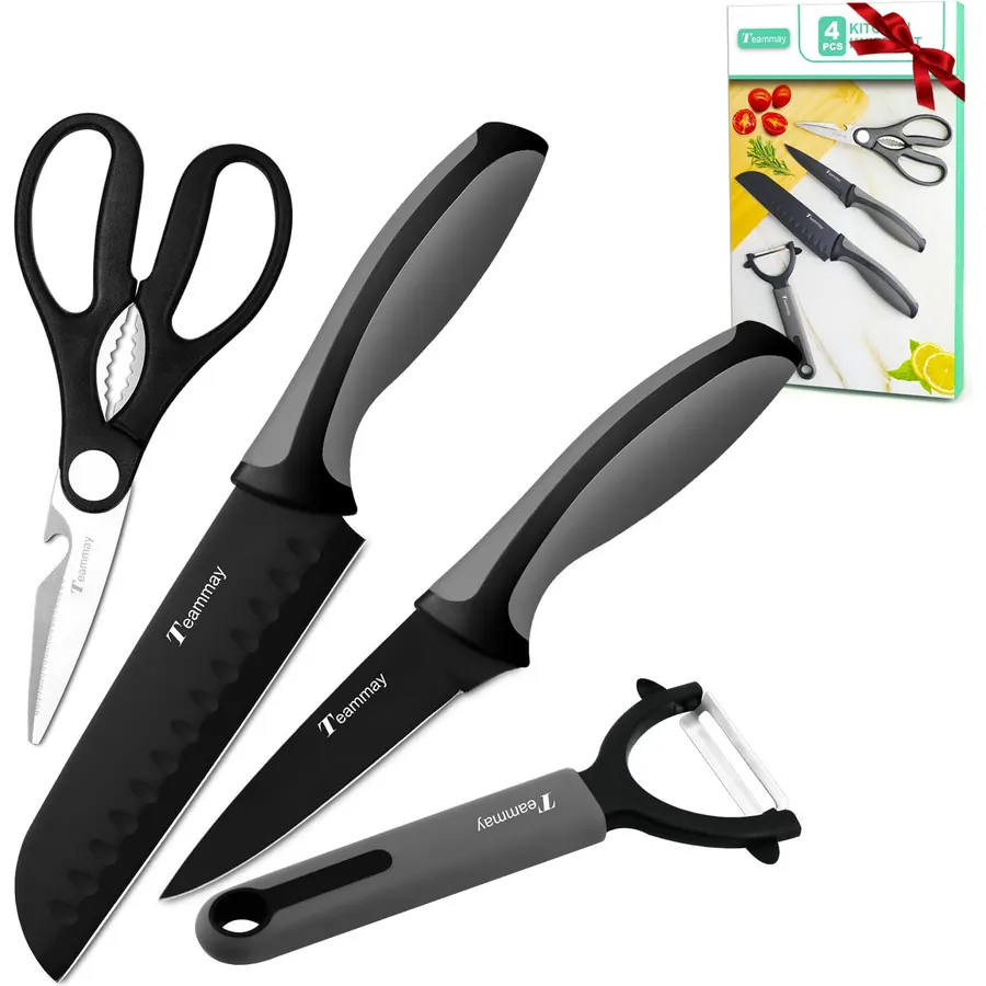 4-Pc Knife Set, 6 Inch Santoku Knife, 4 Inch Paring Knife, Kitchen Scissors, Y-Peeler, Anti-Rust Coating, Razor-Sharp, Stainless Steel Chef Knife Set, Perfect Gifts for Kitchen