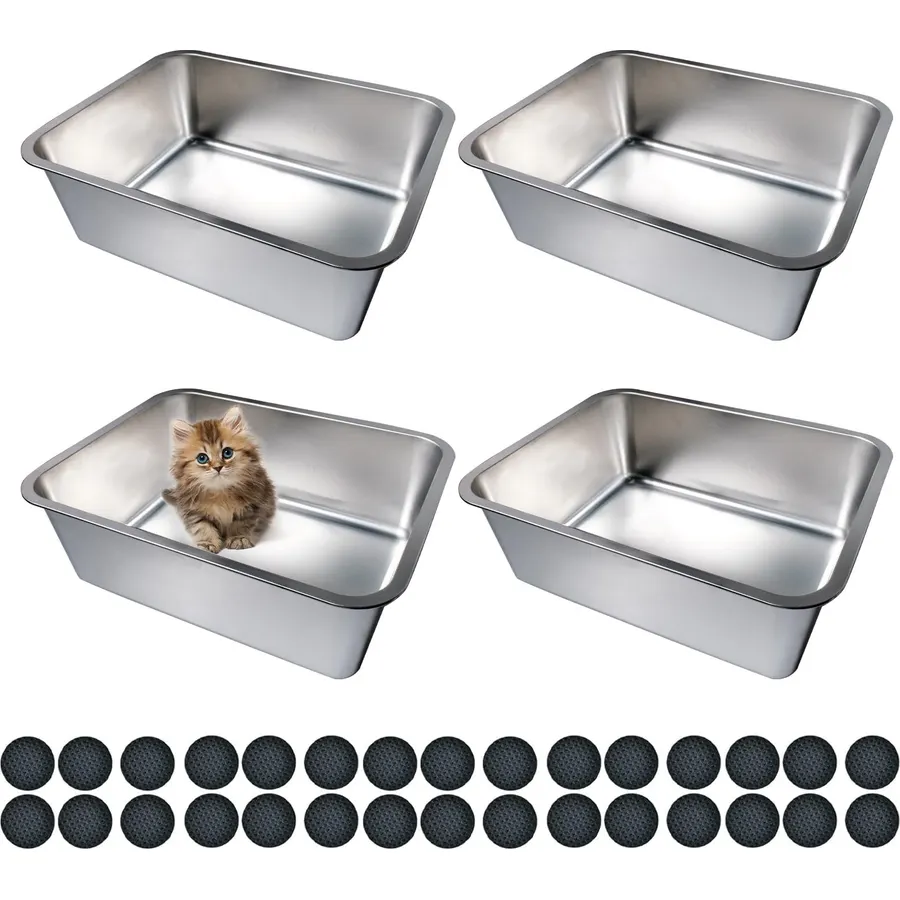 4 Pcs Large Stainless Steel Litter Box 17.7" X 13.8" X 5.9" Metal Cat Litter Box with 30 Pcs Non-Slip Gaskets Large Litter Pan for Cat Kitties No Smell Non Stick Pet Toilet Supplies