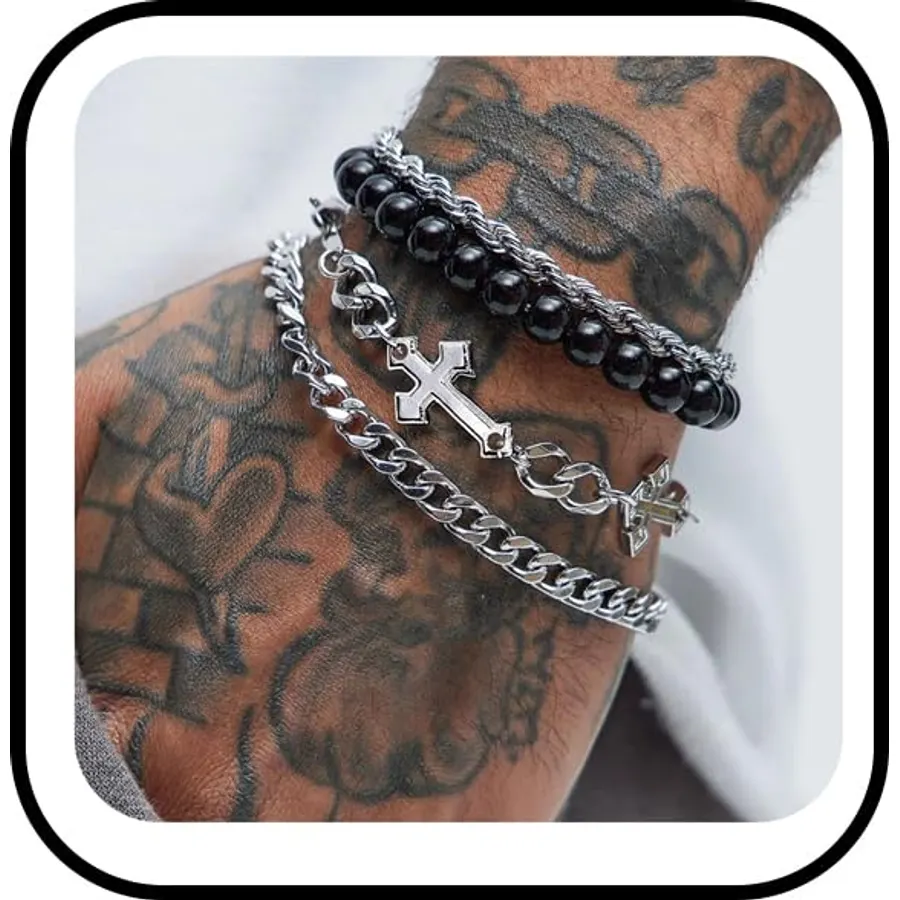 4 PCS Stainless Steel Cross Bracelets for Men Women Stainless Steel Cuban Link Bracelet Handmade Bead Link Punk Style Stackable Layered Cross Chain Bracelet Set Adjustable Punk Jewelry for Men