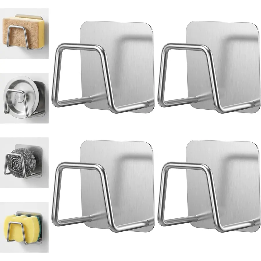 4 PCS Stainless Steel Sponge Holder for Kitchen Sink, Strong Adhesive Small Sponge Sinks Holder for Brush, Premium Rust Proof Waterproof Sink Caddy for Kitchen Accessories, Quick Drying (Silver)