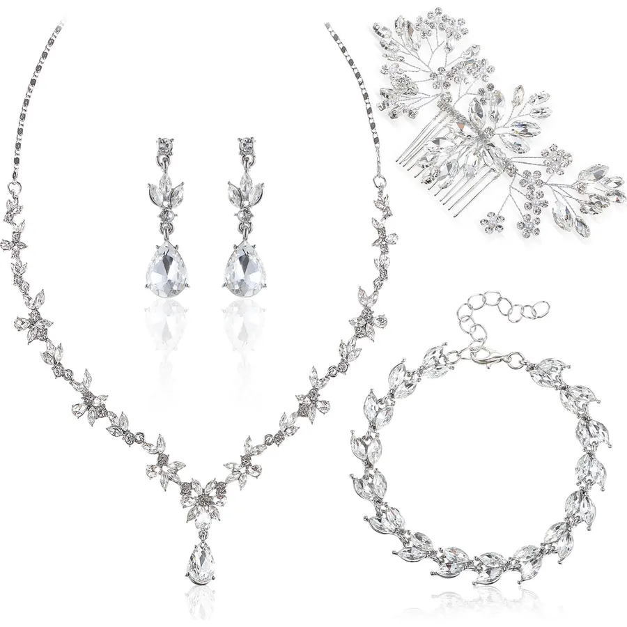 4 Pcs Wedding Jewelry Sets Crystal Necklace Dangle Earrings Bracelet Hair Combs Mother of Bride Jewelry for Wedding Anniversary Birthday Party Celebration Bride Bridesmaid Gift