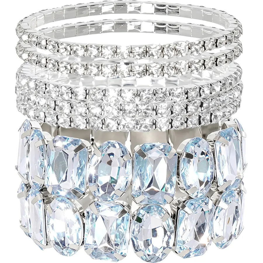 4 Pcs Womens Stackable Stretch Bracelets Silver Rhinestone Jewelry Set