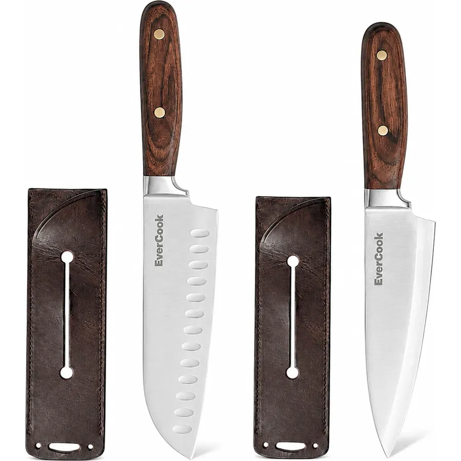 4-Piece Kitchen Knife Set - 7" Santoku, 6" Chef & 2 Sheaths
