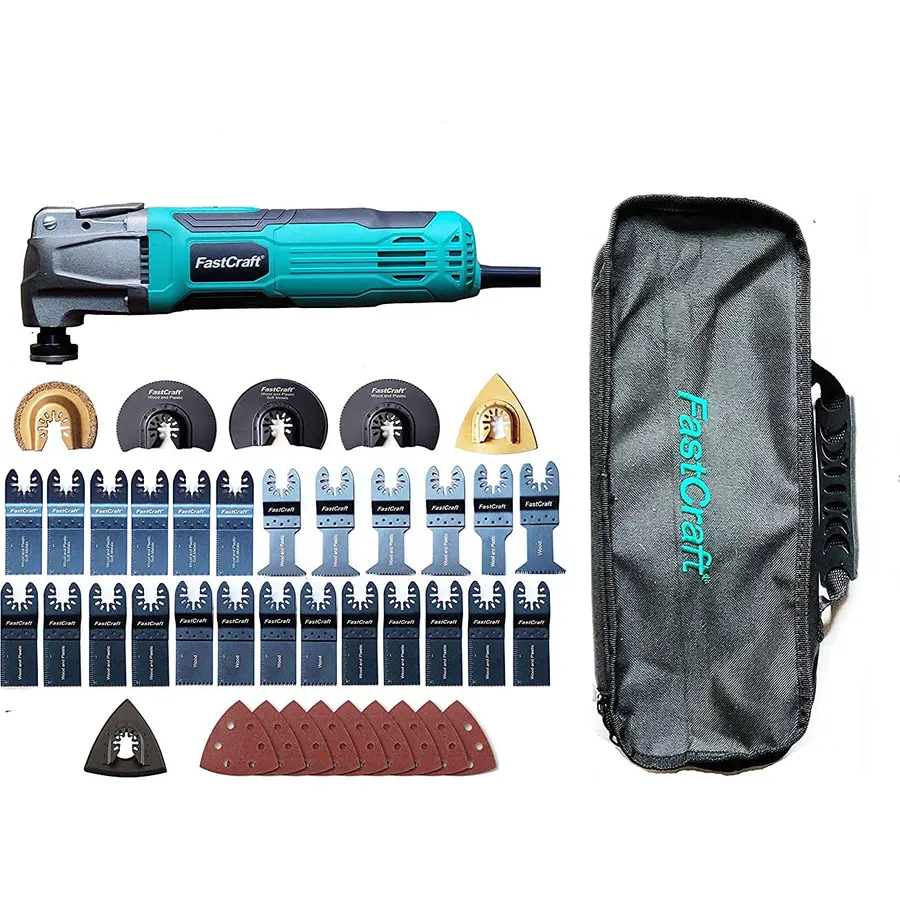 FastCraft 42pc Oscillating Tool Kit New Multi Tool 86225-1 - 5.0A PEAK (Rated 2.4A) Keyless/6 Speeds/3-4 Angle Cut +40pc Blades All in a Tote [BULK No Box]