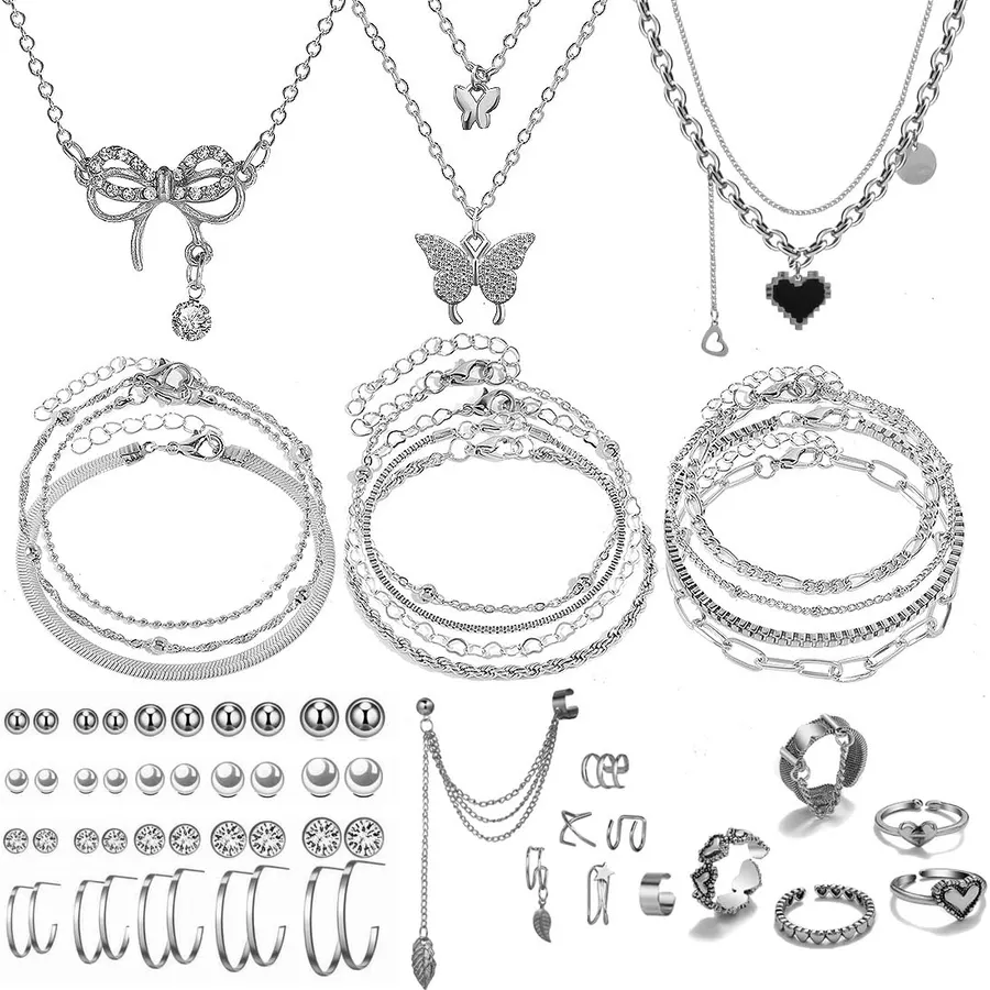 57pcs Gold Jewelry Set With 3 PCS Necklace, 12 PCS Bracelet,20pcs Hoop Stud Earrings,22pcs rings set For Women For Birthday Gifts