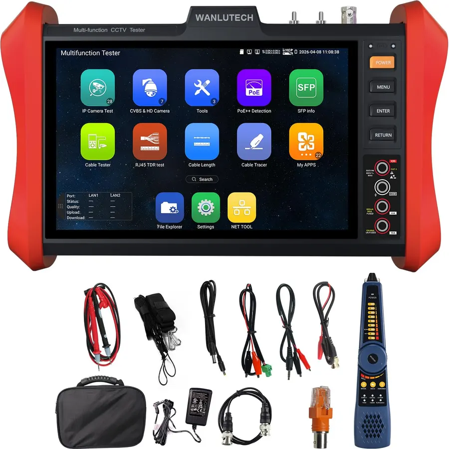 4K 12MP IP Camera Tester, WANLUTECH 8'' Touchscreen CCTV Test for 8MP TVI CVI AHD CVBS Cameras DMM OPM VFL Cable Tracer SFP Test RJ45 Cable TDR Test Network Testing Tool HDMI VGA (E90)