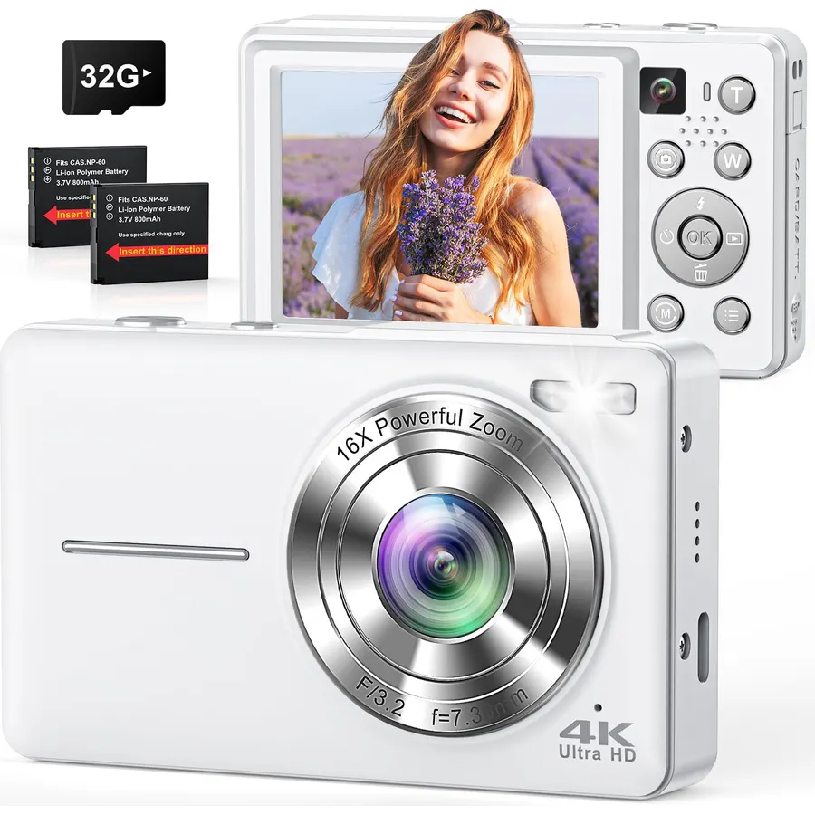 4K Digital Camera Point and Shoot with Selfie Lens and 32G Card, White