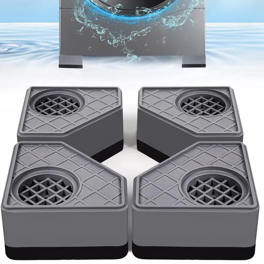 Anti Vibration Pads for Washing Machine with Tank Tread Grip - 4 Pack + Level - Fits Most Round Feet up to 1.75” - Stops Washer Dryer from Moving - Rubber Antivibration Stabilizer for Leveling Washer