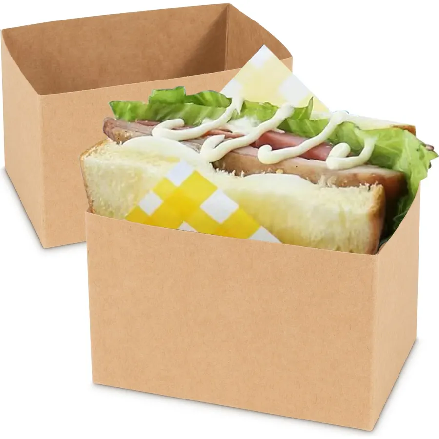 50 Pcs Sandwich Paper Boxes Take Out Food Containers Kraft Sandwich Packaging Boxes Toast Holding Bread Tray for Restaurant, Picnic and Party