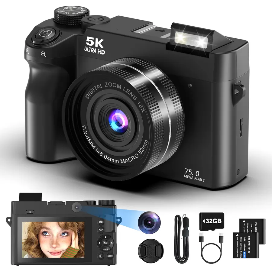 5K Digital Camera for Photography with WiFi, 75MP Ultra HD Vlogging Camera for YouTube with 3" 180° Flip Screen,18X Zoom Autofocus Compact Cameras for Beginners Teens with 64GB SD Card.